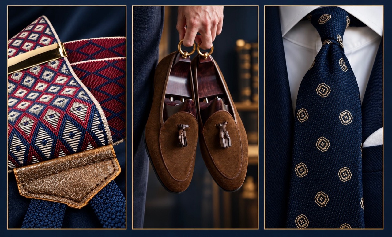 Patterned suspenders, suede loafers, and a navy silk tie