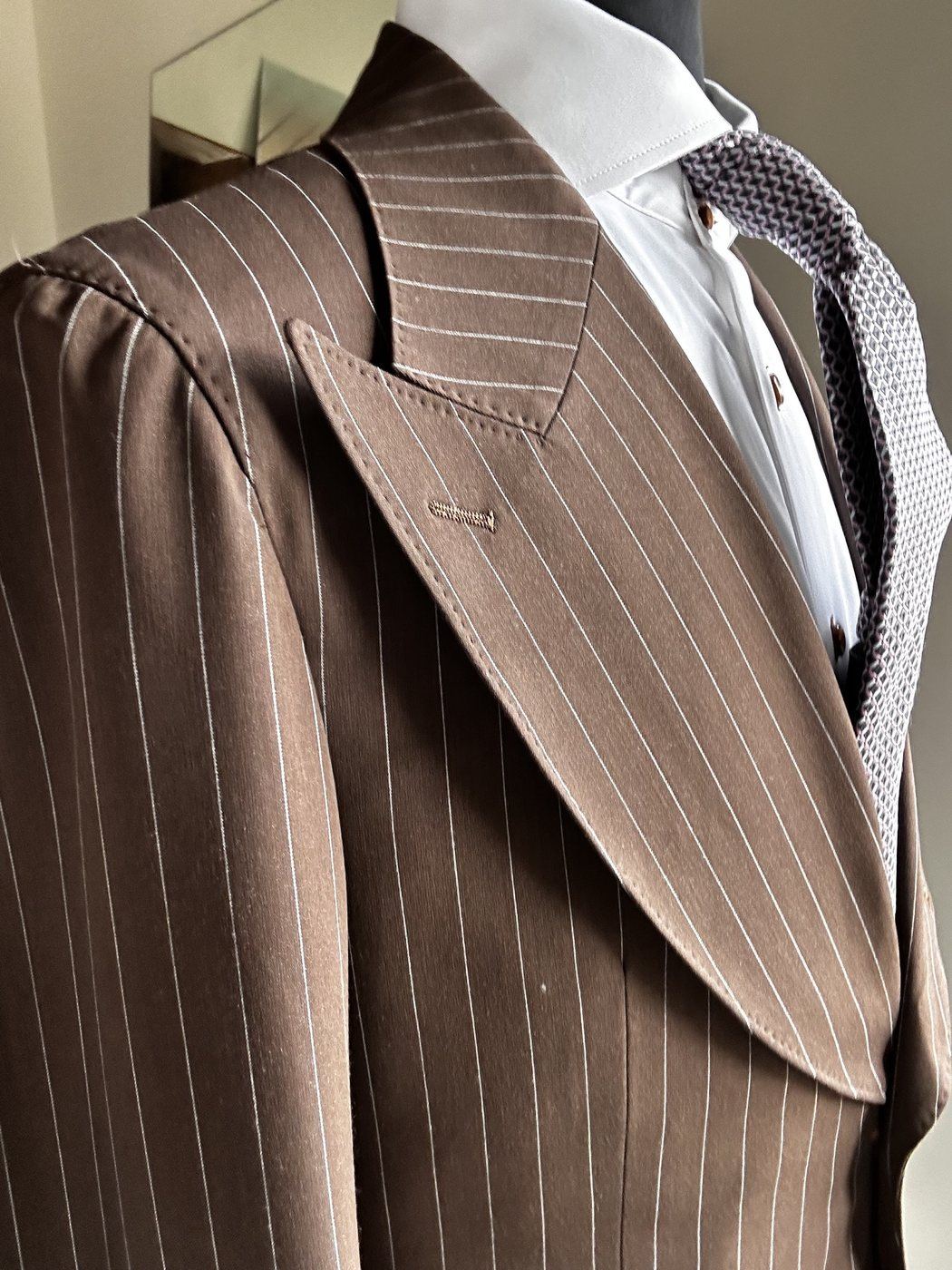 Brown pinstripe custom suit detail