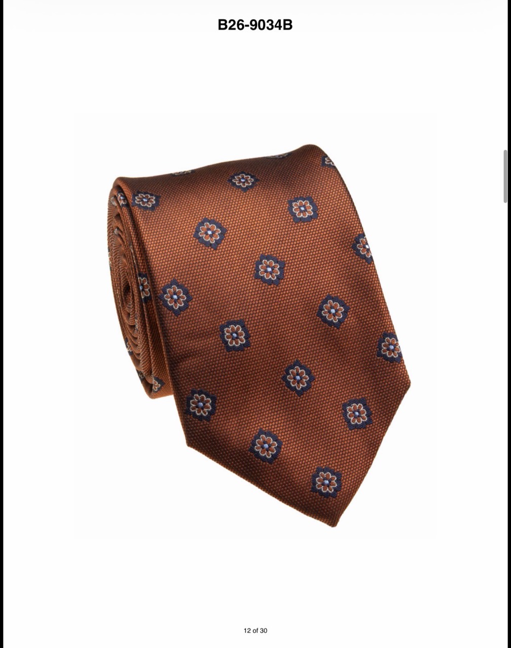 Burnt orange floral silk necktie