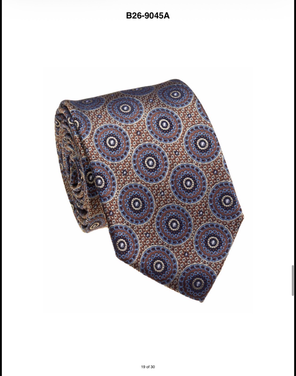 Brown and blue circular medallion silk necktie