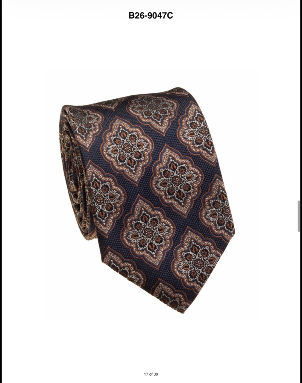 Navy and brown ornate medallion silk necktie