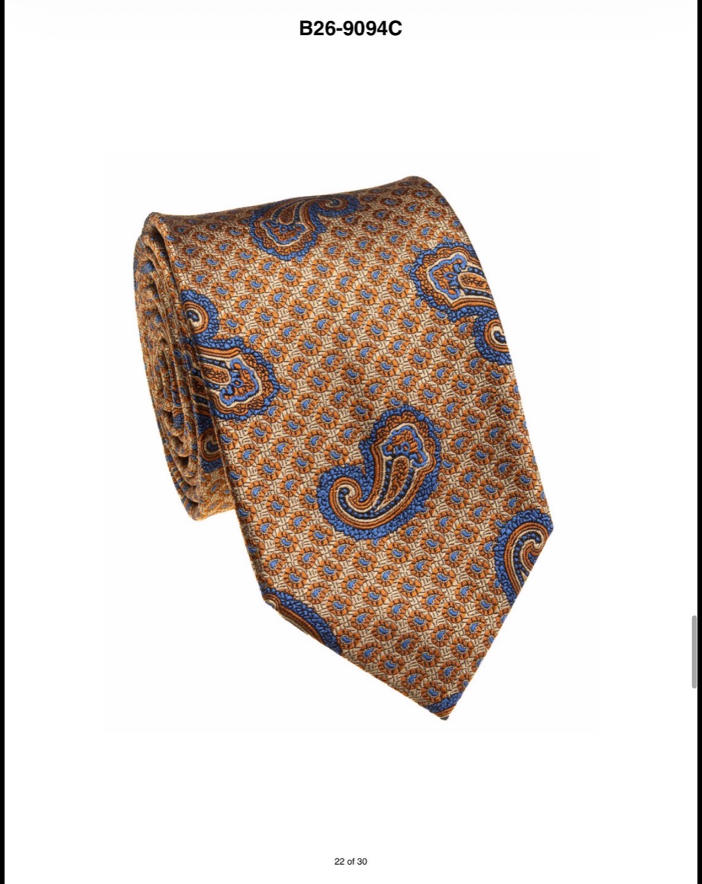 Gold and blue paisley silk necktie
