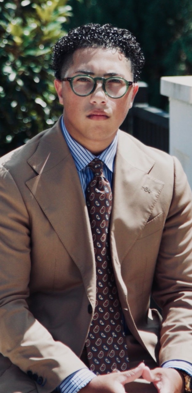 Elden Niemeyer wearing a tailored tan suit